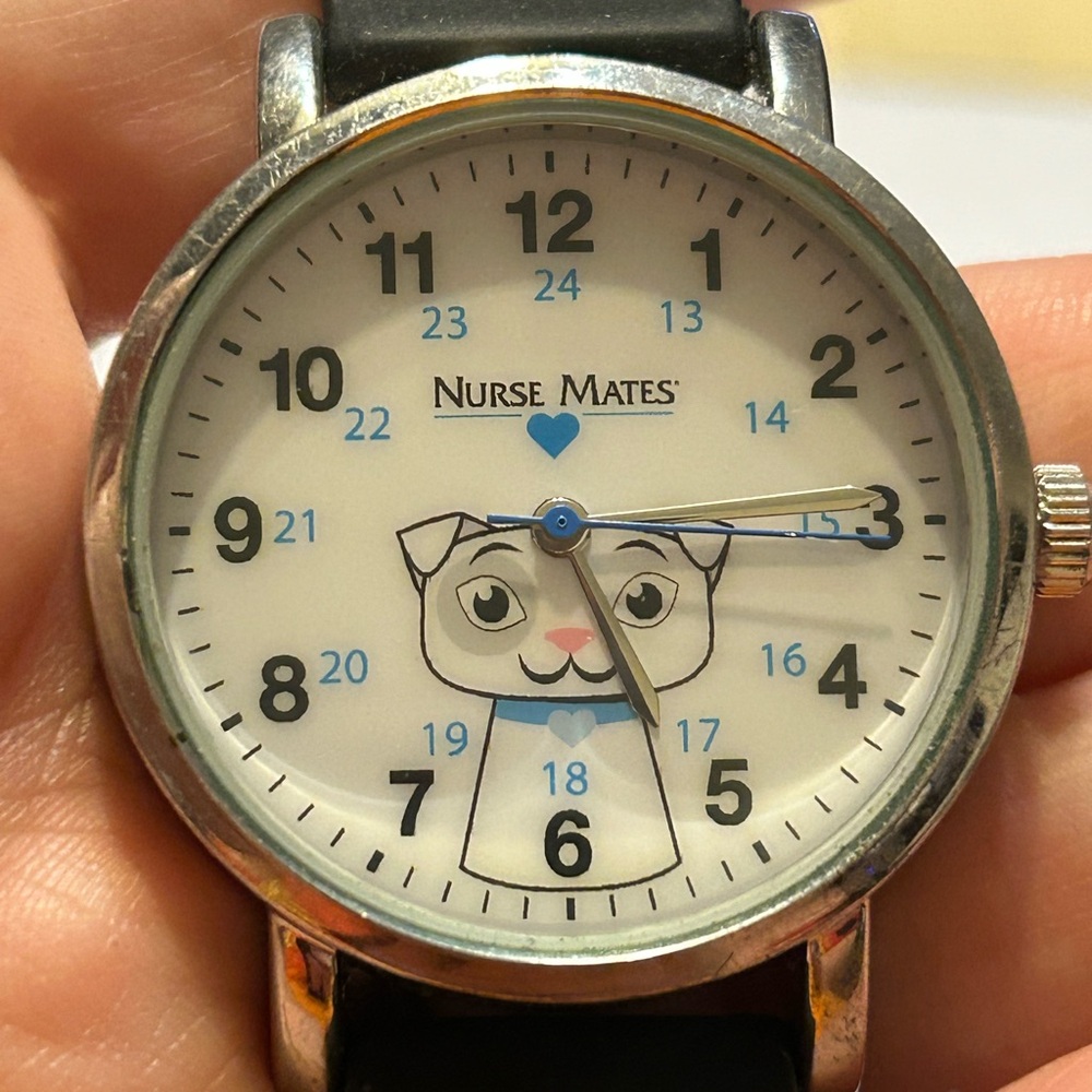 Nurse Mates Silver Watch with Dog and Blue Accents